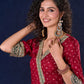 Heritage Maroon Bandhani A-Line Angarkha Gown with Minimal Lace Embellishment & Statement Tassels