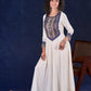Majestic Off-White Rayon Long Flared Gown featuring Kalamkari Yoke, Mirror Work and Delicate Lace Accents & Hand Painted Kalamkari Border on Sleeves