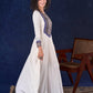 Majestic Off-White Rayon Long Flared Gown featuring Kalamkari Yoke, Mirror Work and Delicate Lace Accents & Hand Painted Kalamkari Border on Sleeves