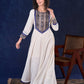 Majestic Off-White Rayon Long Flared Gown featuring Kalamkari Yoke, Mirror Work and Delicate Lace Accents & Hand Painted Kalamkari Border on Sleeves
