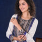 Majestic Off-White Rayon Long Flared Gown featuring Kalamkari Yoke, Mirror Work and Delicate Lace Accents & Hand Painted Kalamkari Border on Sleeves