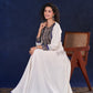 Majestic Off-White Rayon Long Flared Gown featuring Kalamkari Yoke, Mirror Work and Delicate Lace Accents & Hand Painted Kalamkari Border on Sleeves