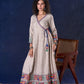 Artisanal Beige Handloom Cotton Angarkha Long Gown with Madhubani Border Embellished Neckline, Sleeve & Flare, with Vibrant Statement Tassels
