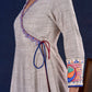 Artisanal Beige Handloom Cotton Angarkha Long Gown with Madhubani Border Embellished Neckline, Sleeve & Flare, with Vibrant Statement Tassels