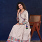Artisanal Beige Handloom Cotton Angarkha Long Gown with Madhubani Border Embellished Neckline, Sleeve & Flare, with Vibrant Statement Tassels
