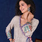 Artisanal Beige Handloom Cotton Angarkha Long Gown with Madhubani Border Embellished Neckline, Sleeve & Flare, with Vibrant Statement Tassels