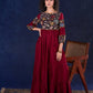 Timeless Maroon Rayon Layered Gown with Gathers and Hand Painted Kalamkari Accents featuring Puffy Sleeves and Delicate Golden Accents