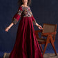 Timeless Maroon Rayon Layered Gown with Gathers and Hand Painted Kalamkari Accents featuring Puffy Sleeves and Delicate Golden Accents