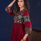 Timeless Maroon Rayon Layered Gown with Gathers and Hand Painted Kalamkari Accents featuring Puffy Sleeves and Delicate Golden Accents
