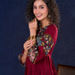Timeless Maroon Rayon Layered Gown with Gathers and Hand Painted Kalamkari Accents featuring Puffy Sleeves and Delicate Golden Accents