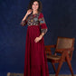 Timeless Maroon Rayon Layered Gown with Gathers and Hand Painted Kalamkari Accents featuring Puffy Sleeves and Delicate Golden Accents