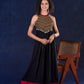 Elegant Black Rayon Halter Neck Long Gown with Mirror Work & Cowrie Shell Embellishments