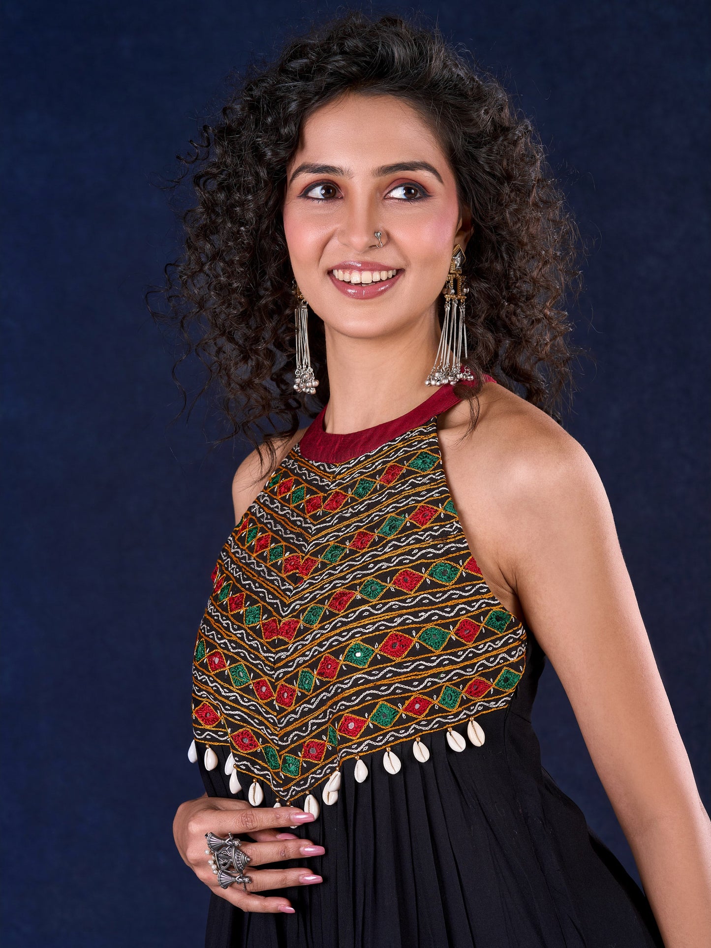 Elegant Black Rayon Halter Neck Long Gown with Mirror Work & Cowrie Shell Embellishments