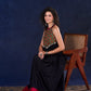 Elegant Black Rayon Halter Neck Long Gown with Mirror Work & Cowrie Shell Embellishments