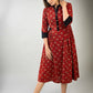 Red floral Ajrakh dress with pleats on waist