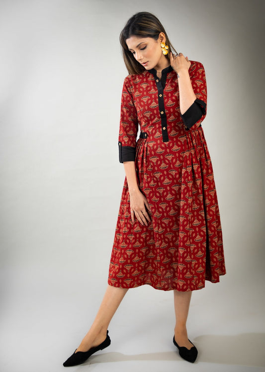 Red floral Ajrakh dress with pleats on waist