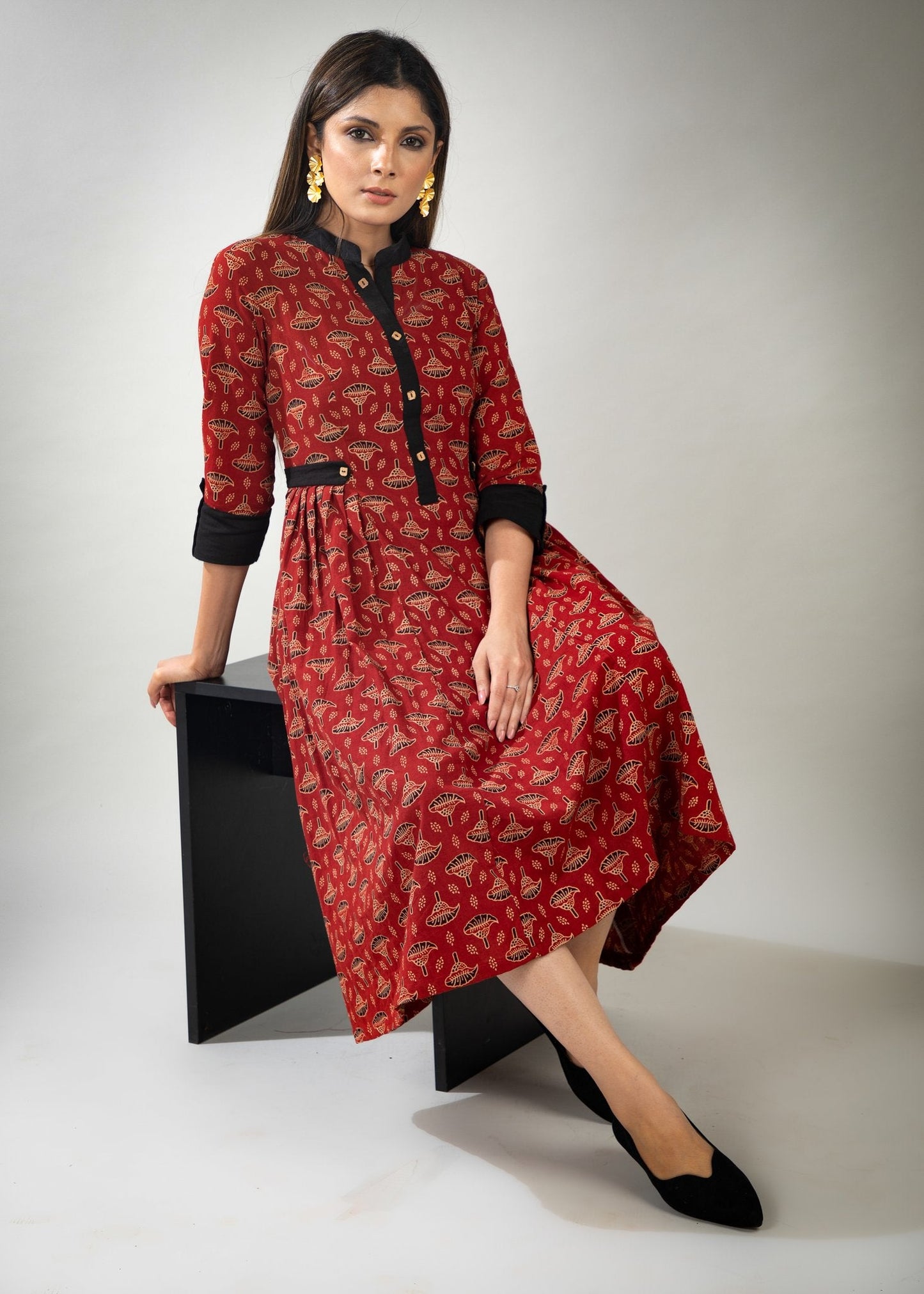 Red floral Ajrakh dress with pleats on waist