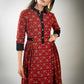 Red floral Ajrakh dress with pleats on waist