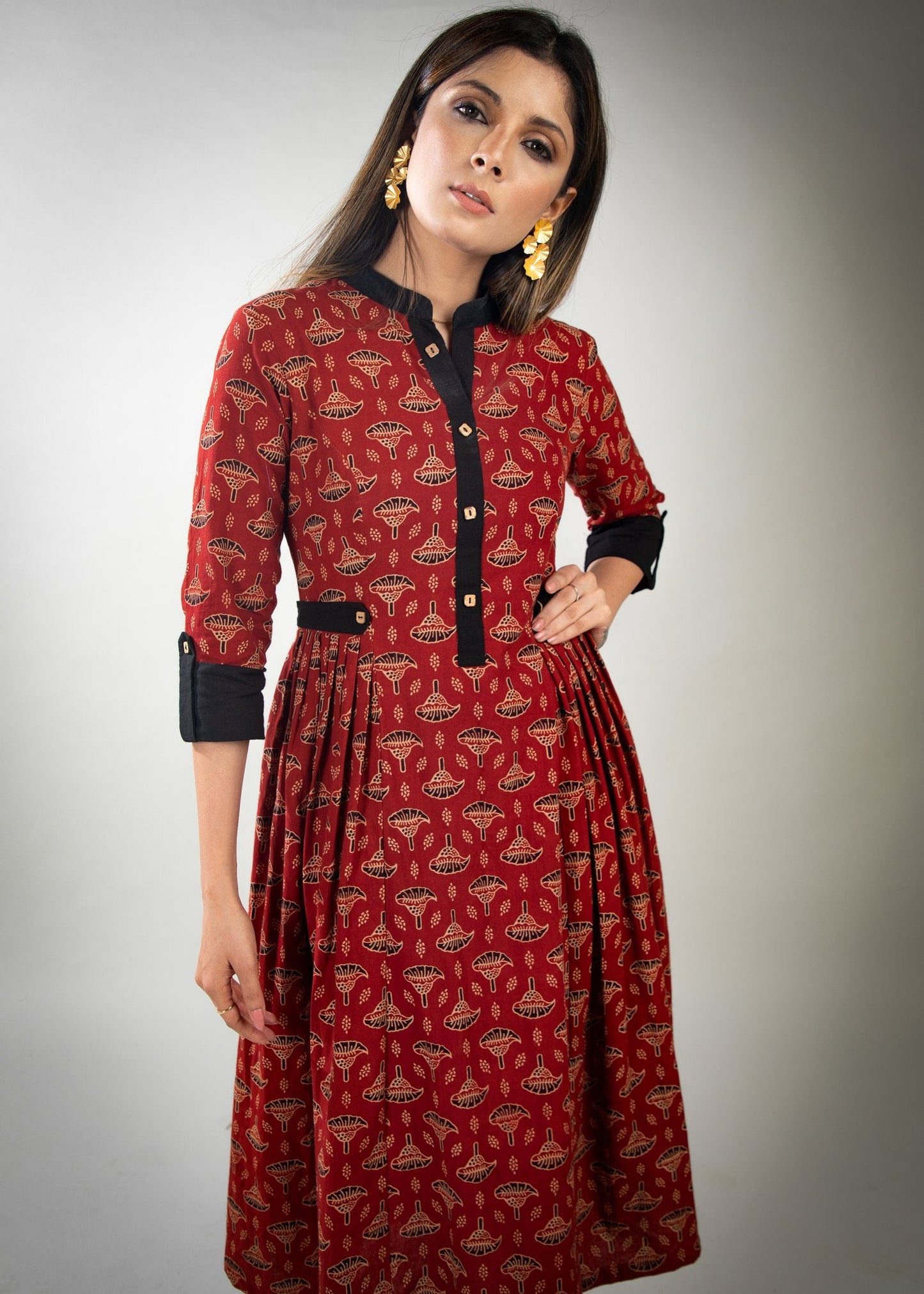 Red floral Ajrakh dress with pleats on waist