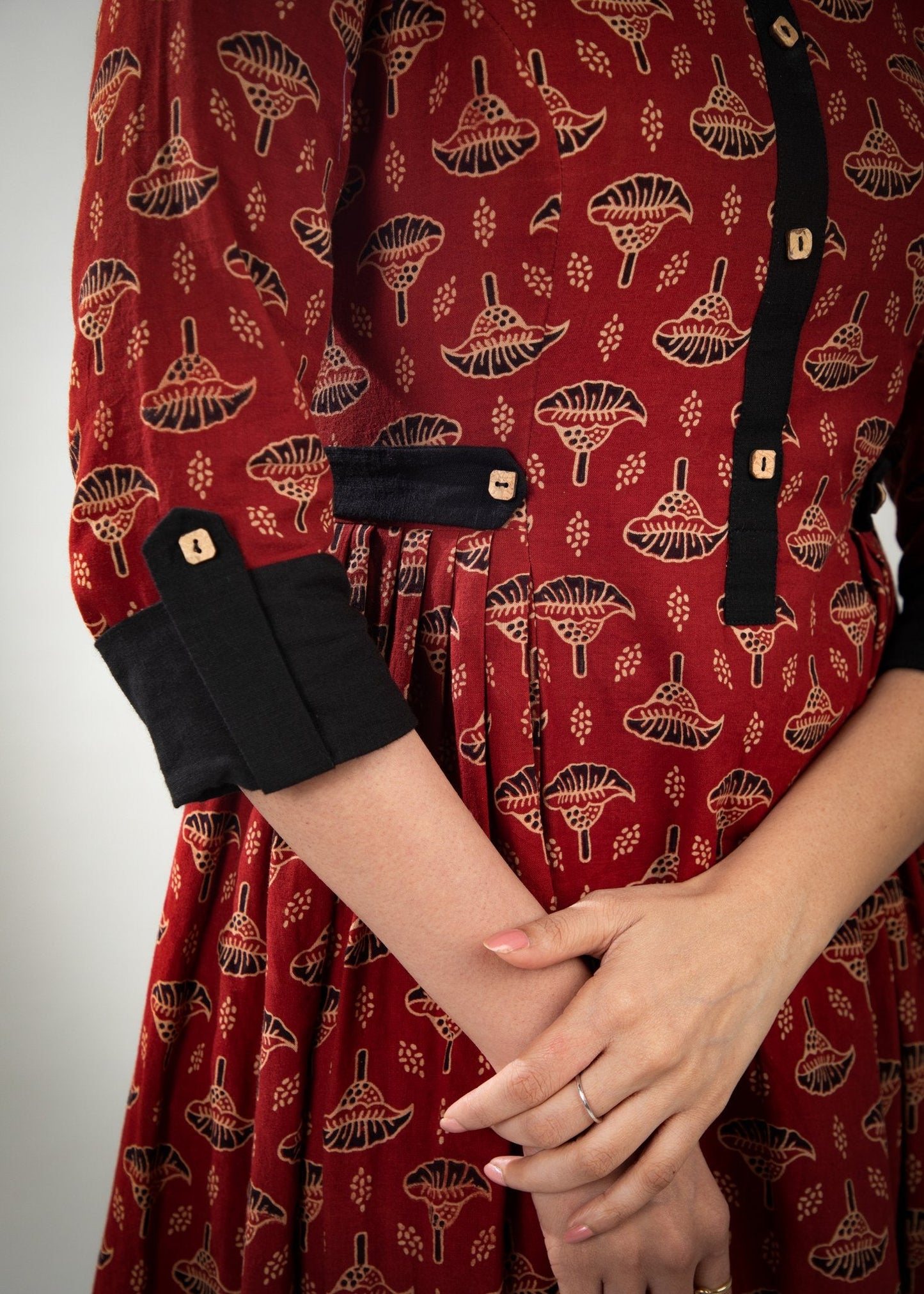 Red floral Ajrakh dress with pleats on waist