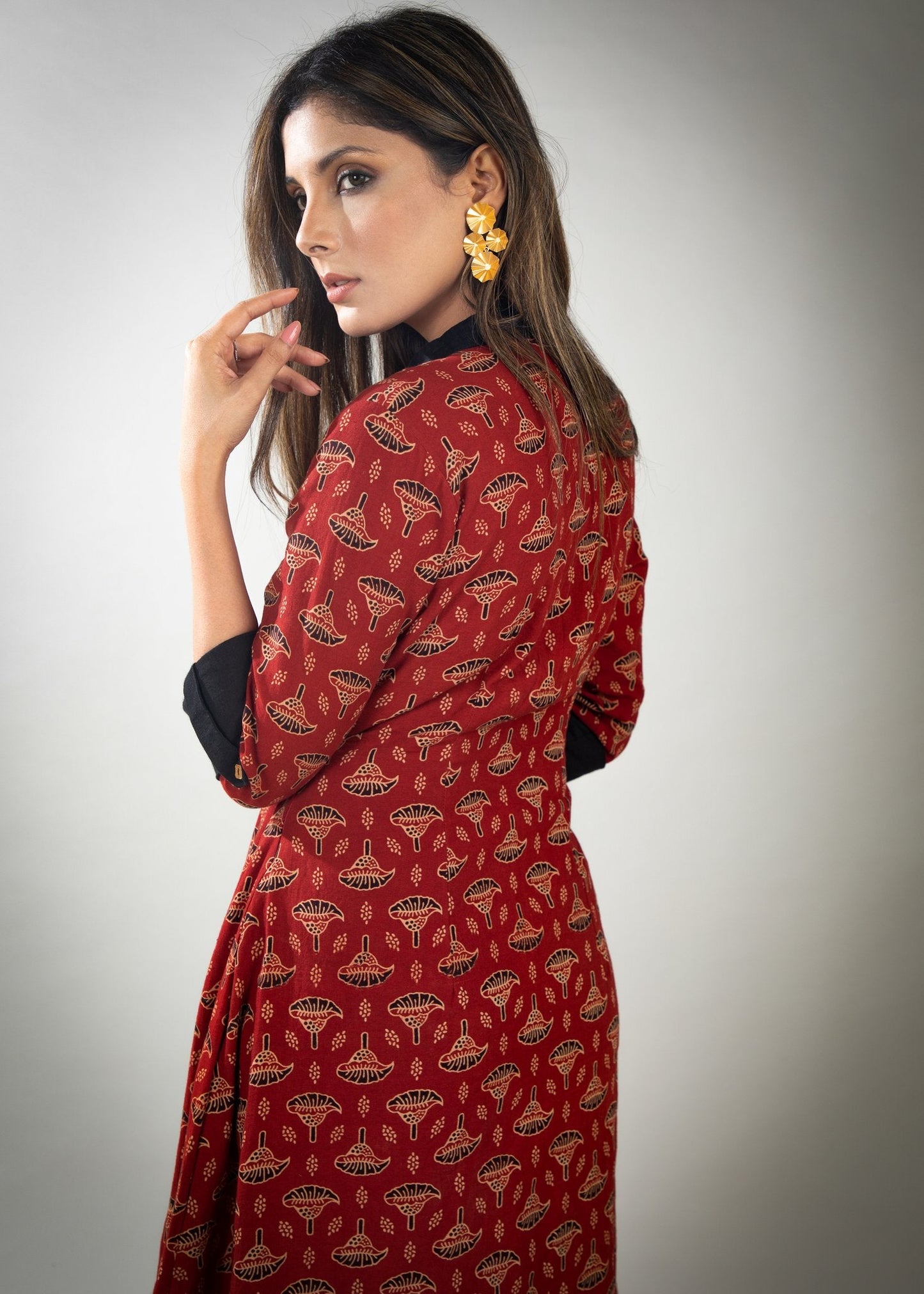 Red floral Ajrakh dress with pleats on waist