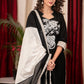 Black& White Straight Cotton Handloom Kurta with Impeccable Hand Painting of Musical Expressions, Pant & Dupatta - 3 Piece