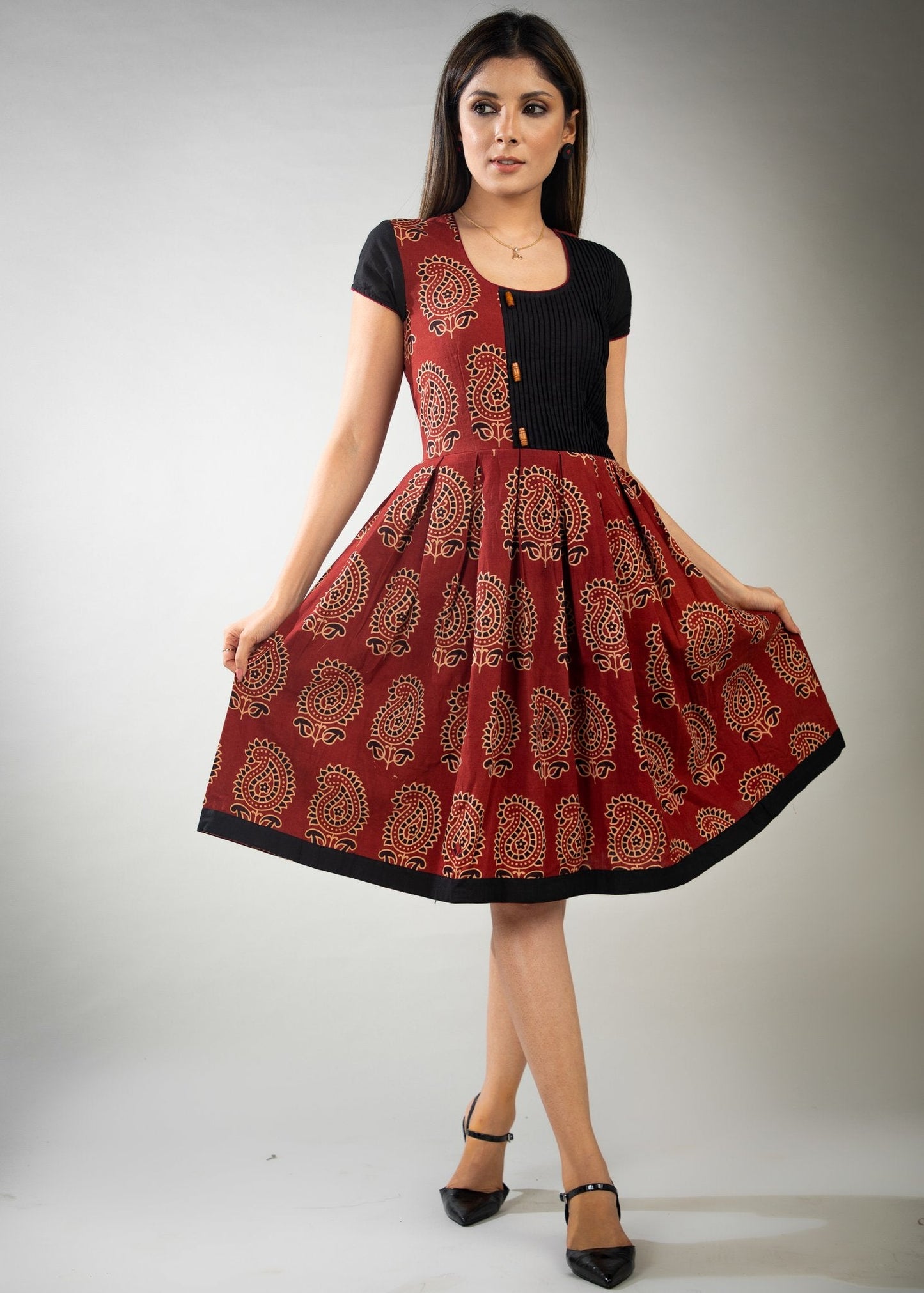 Rust Paisley Ajrakh dress with pleats on top