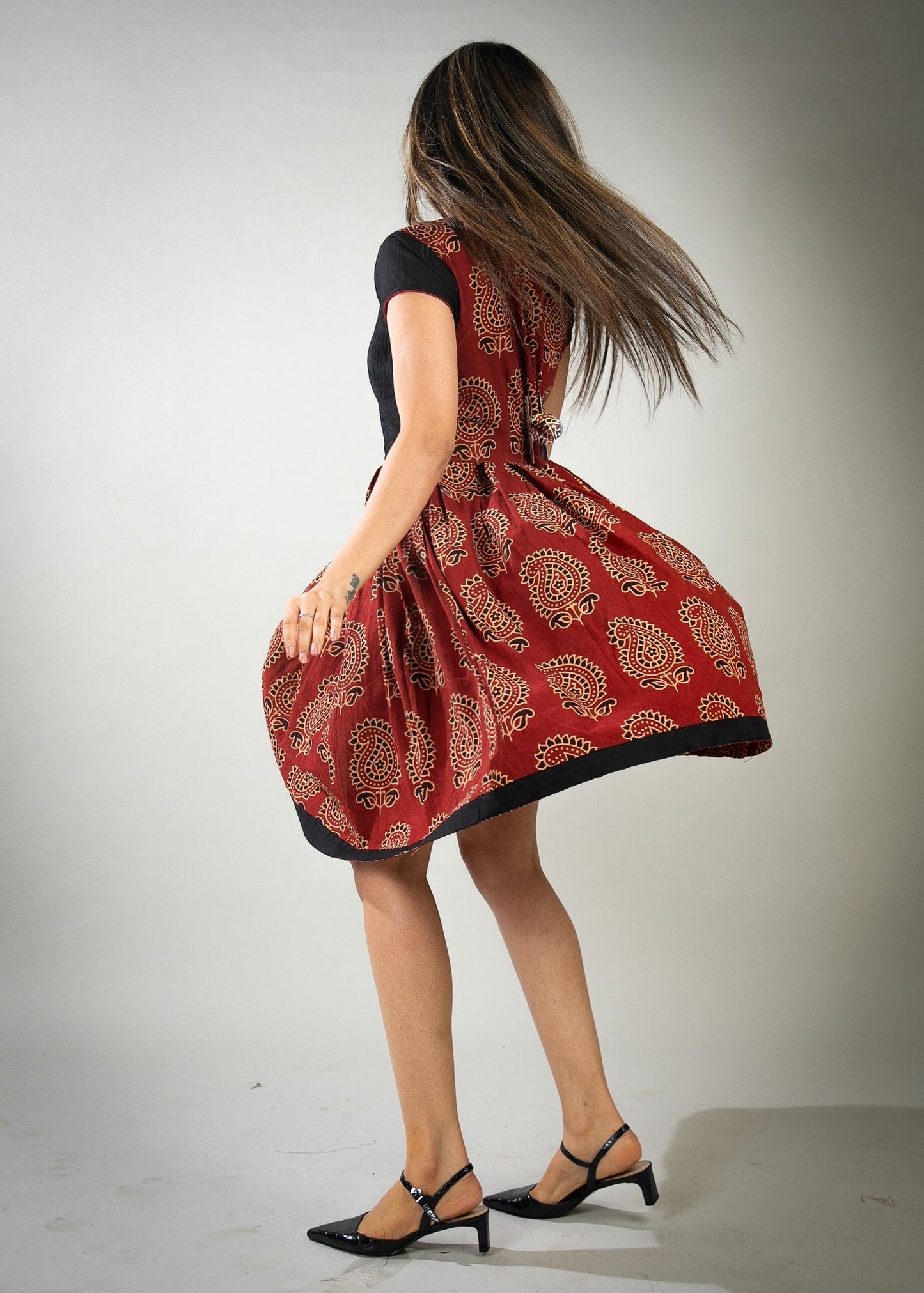 Rust Paisley Ajrakh dress with pleats on top