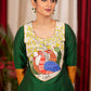 Straight Cut Forest Green Cotton Silk Kurta with Beautiful Gond Painting on the Yoke and Khun Sleeves
