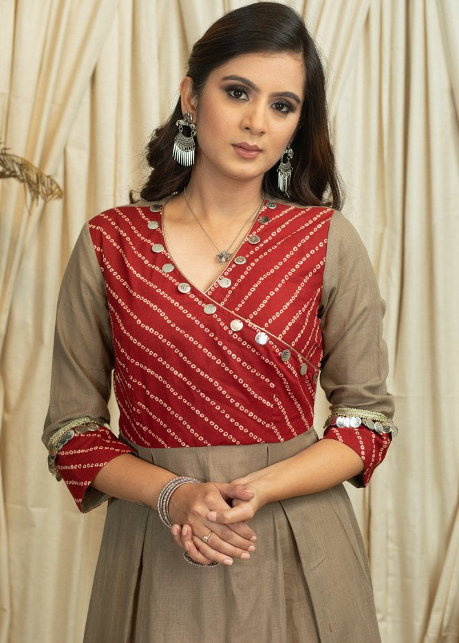 Exclusive beige dress with Bandhni print & coin embellishments