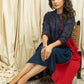 Exclusive blue & red combination dress with Ajrakh printed yoke