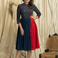 Exclusive blue & red combination dress with Ajrakh printed yoke