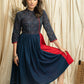 Exclusive blue & red combination dress with Ajrakh printed yoke