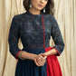Exclusive blue & red combination dress with Ajrakh printed yoke