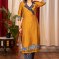 Straight Cut Mustard Cotton Silk and Ikat Combination Kurta with beautiful Hand Painted Gond Art