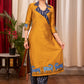 Straight Cut Mustard Cotton Silk and Ikat Combination Kurta with beautiful Hand Painted Gond Art