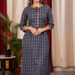A - Line Blue Cotton Handloom textured  Kurta with Hand made kutch Mirror work on the Neck & Sleeves