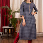 A - Line Blue Cotton Handloom textured  Kurta with Hand made kutch Mirror work on the Neck & Sleeves