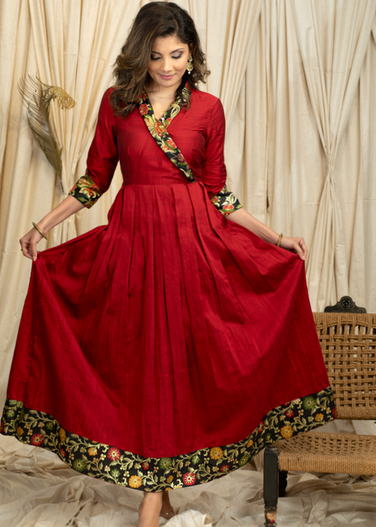Graceful Maroon Cotton Silk Festive Gown with exclusive Banarasi Detailing