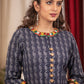 A - Line Blue Cotton Handloom textured  Kurta with Hand made kutch Mirror work on the Neck & Sleeves