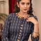 A - Line Blue Cotton Handloom textured  Kurta with Hand made kutch Mirror work on the Neck & Sleeves