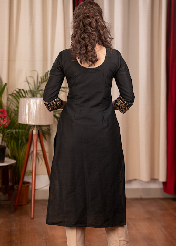 Straight Cut Black Cotton Silk Dress with Handmade Gotta Patti Work and Gold Foiled Warli Work on Sleeves