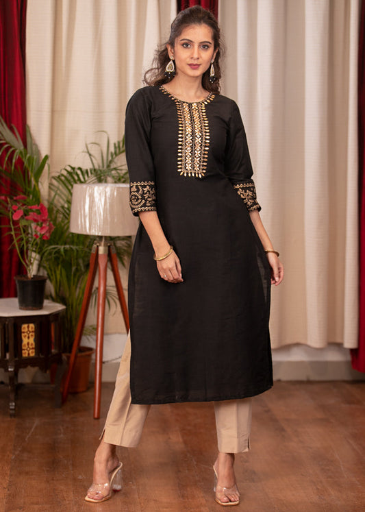 Straight Cut Black Cotton Silk Dress with Handmade Gotta Patti Work and Gold Foiled Warli Work on Sleeves