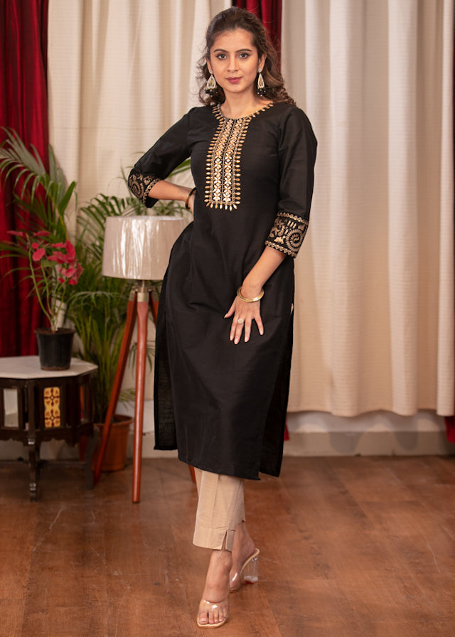 Straight Cut Black Cotton Silk Dress with Handmade Gotta Patti Work and Gold Foiled Warli Work on Sleeves