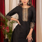 Straight Cut Black Cotton Silk Dress with Handmade Gotta Patti Work and Gold Foiled Warli Work on Sleeves