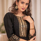 Straight Cut Black Cotton Silk Dress with Handmade Gotta Patti Work and Gold Foiled Warli Work on Sleeves
