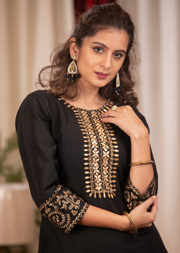 Straight Cut Black Cotton Silk Dress with Handmade Gotta Patti Work and Gold Foiled Warli Work on Sleeves