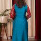 straight cut Firozi  Cotton Silk Kurta with hand embroidered mirror work Ajrakh Yoke and Sleeves