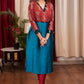 straight cut Firozi  Cotton Silk Kurta with hand embroidered mirror work Ajrakh Yoke and Sleeves
