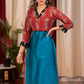 straight cut Firozi  Cotton Silk Kurta with hand embroidered mirror work Ajrakh Yoke and Sleeves